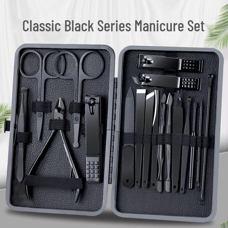 18-Piece Black Stainless Steel Nail Care Set: Clippers, Tweezers, Cuticle Nipper & Manicure Tools.