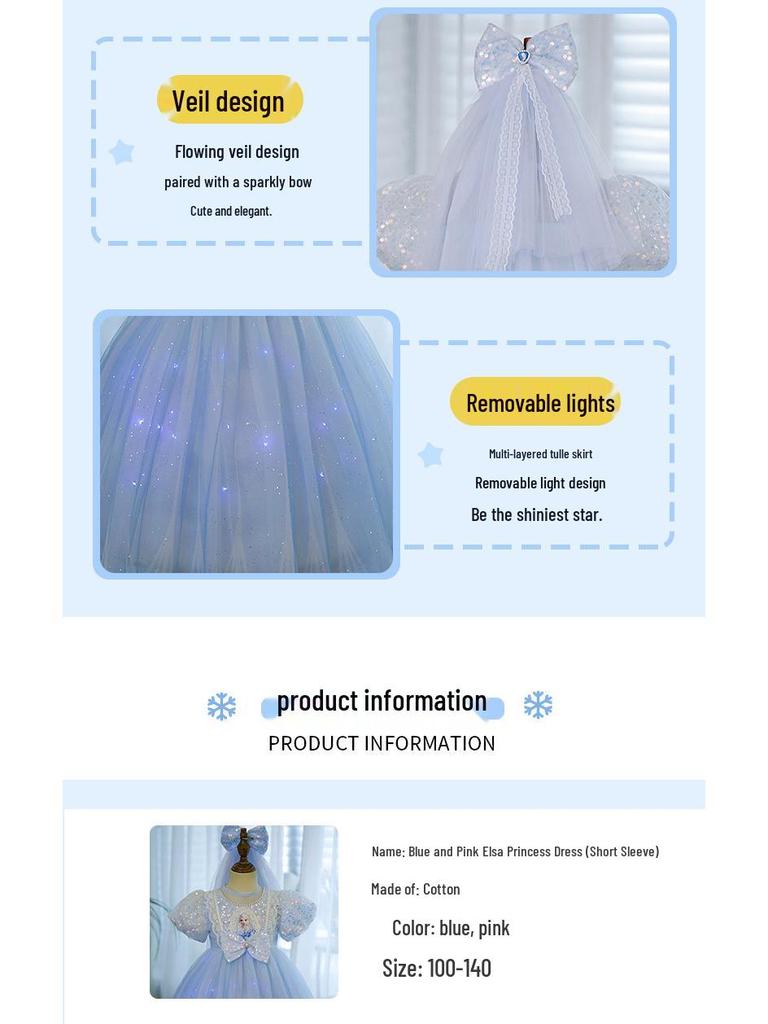 2024 Summer Light-Up Princess Elsa Frozen Dress for Girls