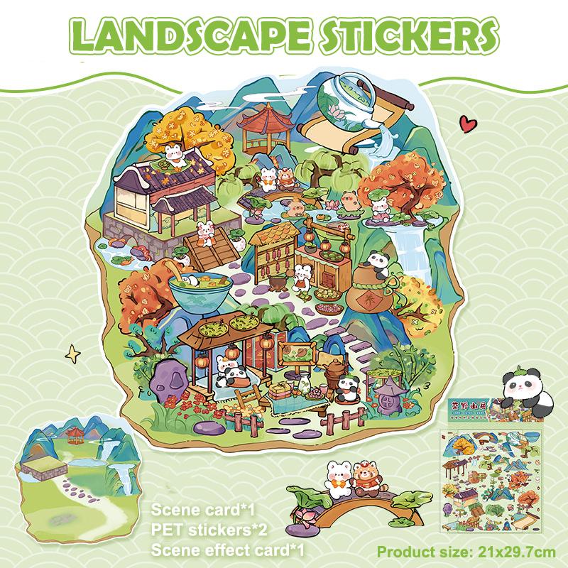 1Set Cartoon Cute Landscape Stickers Cabin Scene Diy Game Stickers Hand Account Decoration Stickers Creative Diy Stickers