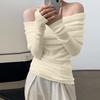 Dame Fransk Linje Skulder Strikk Slim-fit Off-the-shoulder Langermet Ensfarget Genser Topp