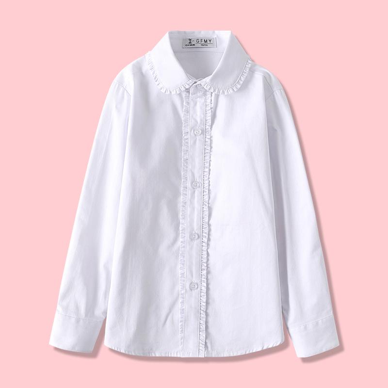 Girls' White Fleece-Lined Cotton Shirt: Long-Sleeved School Uniform for Elementary to Middle School.