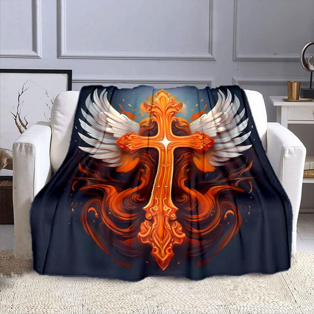 "Flaming Cross with Angel Wings Design" Patterned flannel blanket perfect for the bedroom living room, sofa, or a little nap