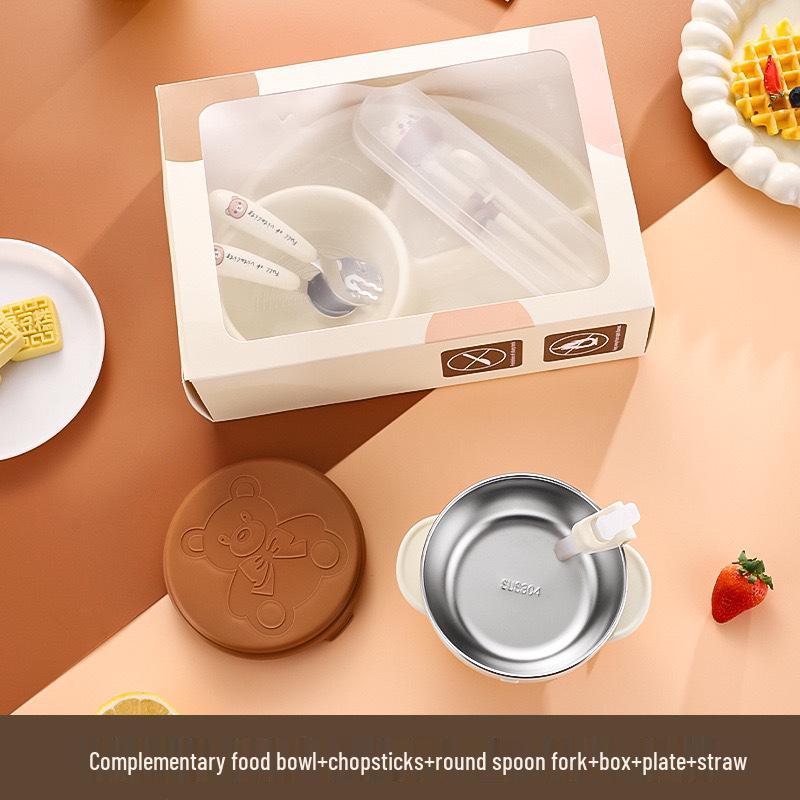 Kids Tableware Set: Anti-Fall Suction Bowl, Baby Plate, Training Chopsticks, Spoon & Fork