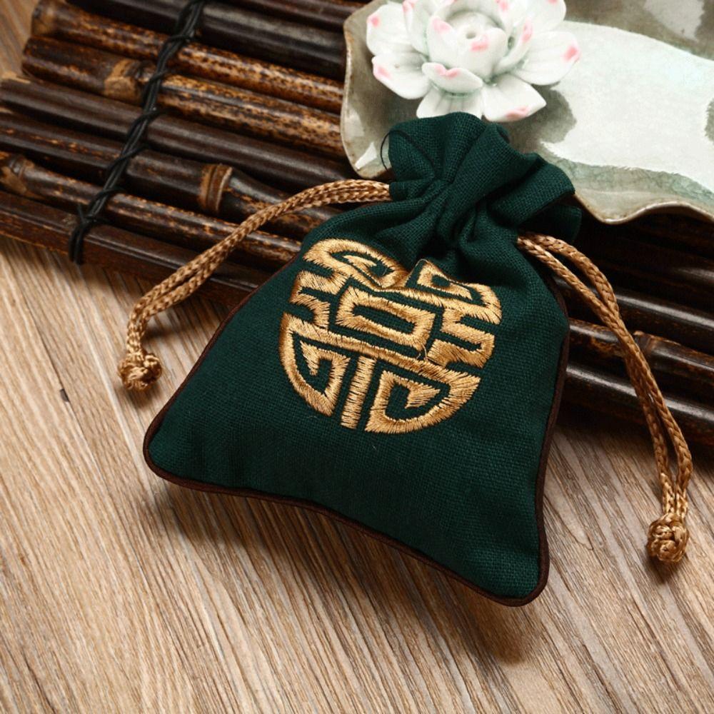 Pure Color Embroidery Drawstring Bag Canvas Festive Sugar Bag Retro Small Linen Handbag  Daily