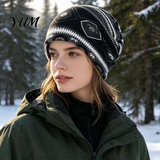 Trendy Fashion Gift for Her Women's Geometry Print Slouchy Hat, Casual Soft Stretch Skull Shopping Dating Headpiece Cap, Warm Cancer Chemo Headwear,