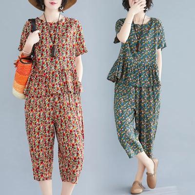 5XL Mittleren Alters Weibliche Hosen Anzug Baumwolle Zwei Stück Set Frauen Sommer Druck Casual Set Top + Hosen Zwei Stück Set mom Stil