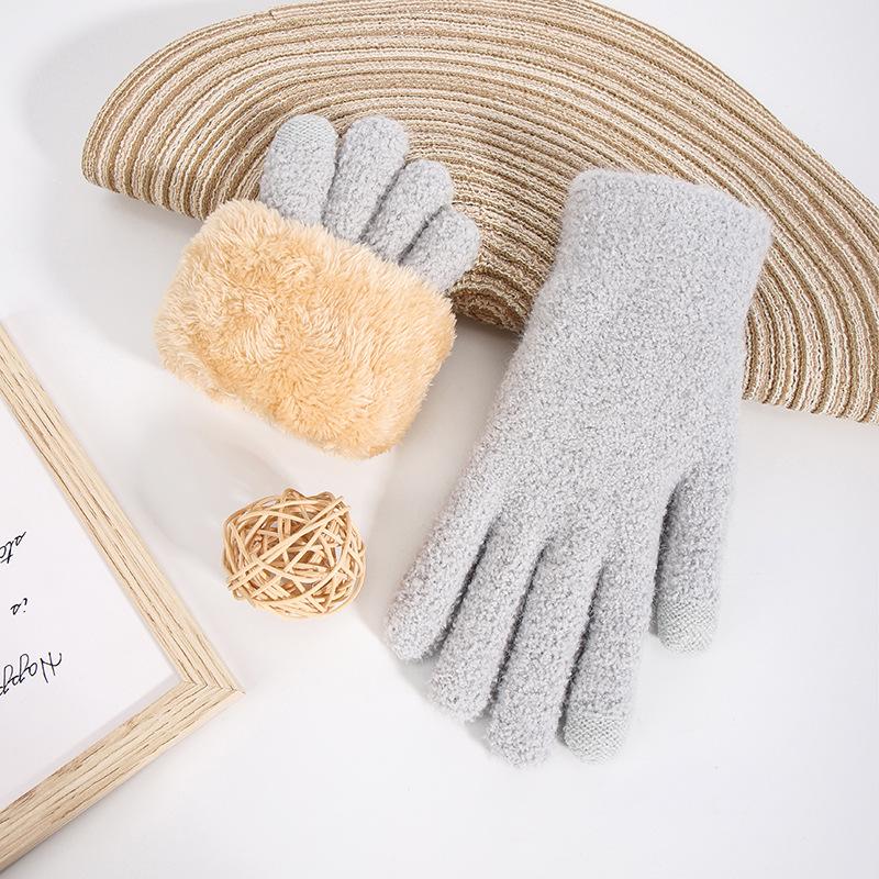 Autumn and winter women's warm and cold-proof knitted gloves plush wool thickened double-layer outdoor touch screen thickened warm