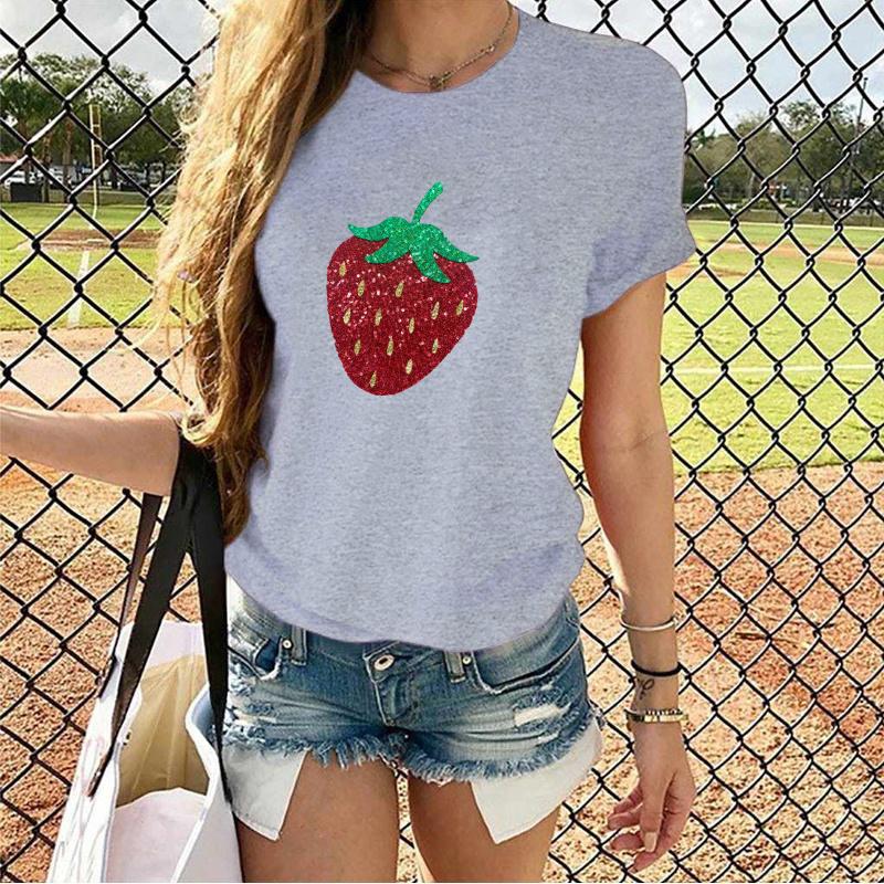 

Женская новая футболка с принтом клубничного узора, модная женская футболка для отдыха на открытом воздухе с круглым вырезом, клубничная футболка, фруктовая футболка L