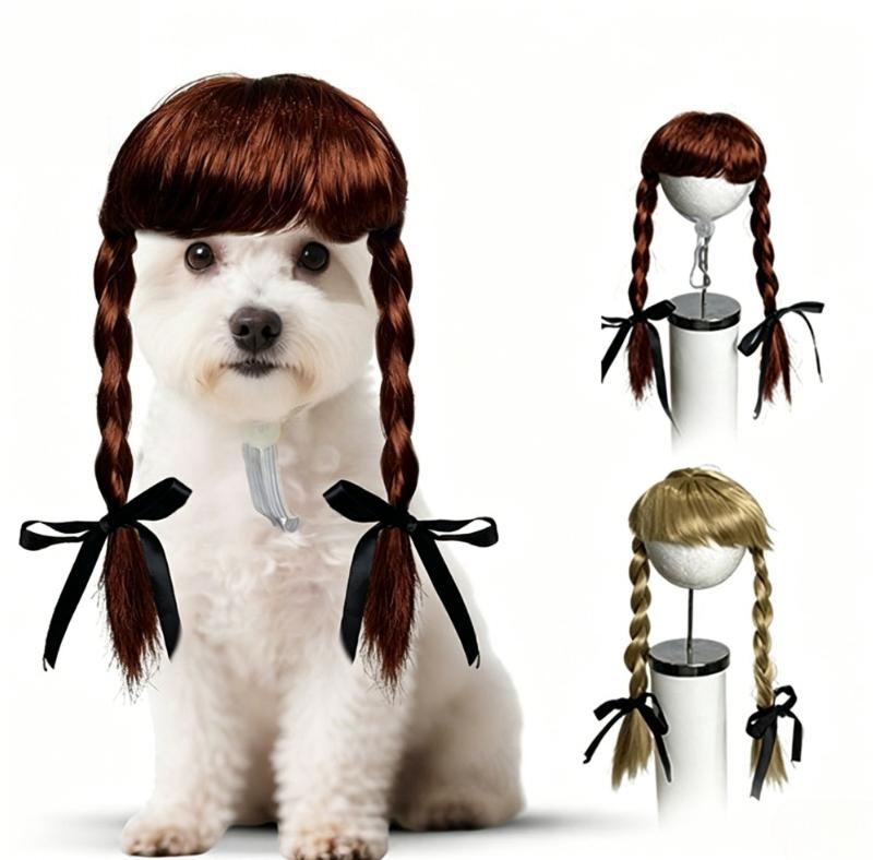 Cute Pet Double Braided Wig Headpiece, Washable Cosplay Costume Props, Soft Hair Decoration for Small Dogs Cats Party, Pet Hat
