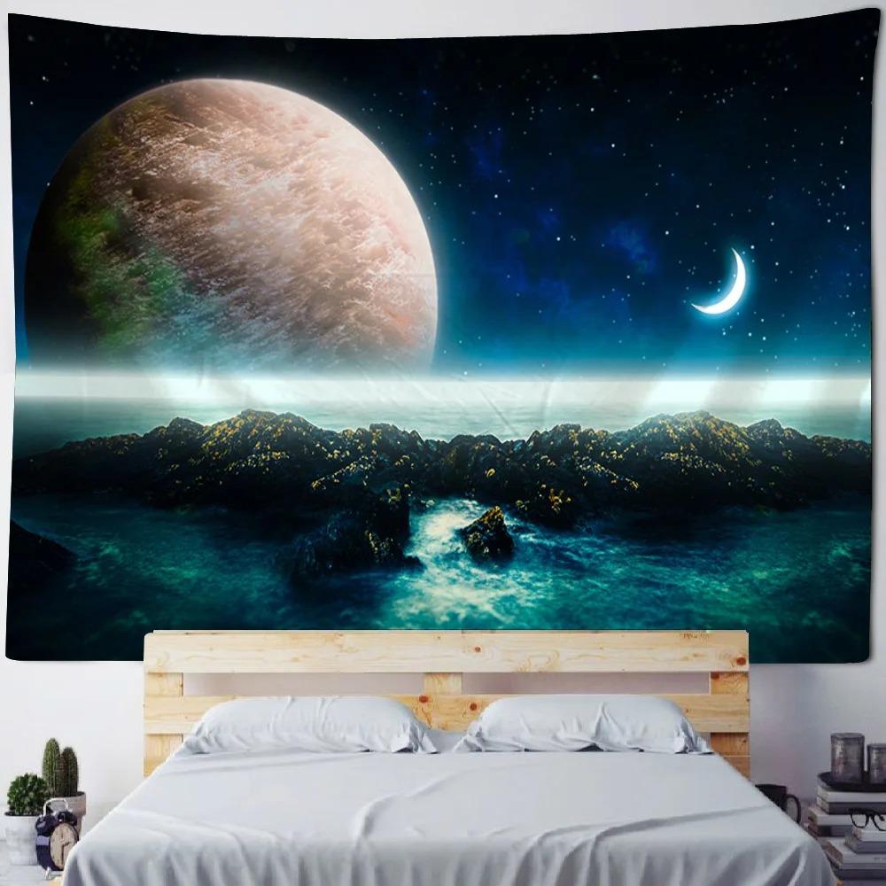 Living room bedroom decoration background poster starry sky coconut tree tapestry wall hanging sofa blanket dreamy sea