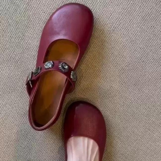 Sheepskin Version of the New French Flat-bottomed Leather Shoes Round Head Single Shoes Women's One-word Buckle Belt Black Light Mouth Mary Jane Shoes