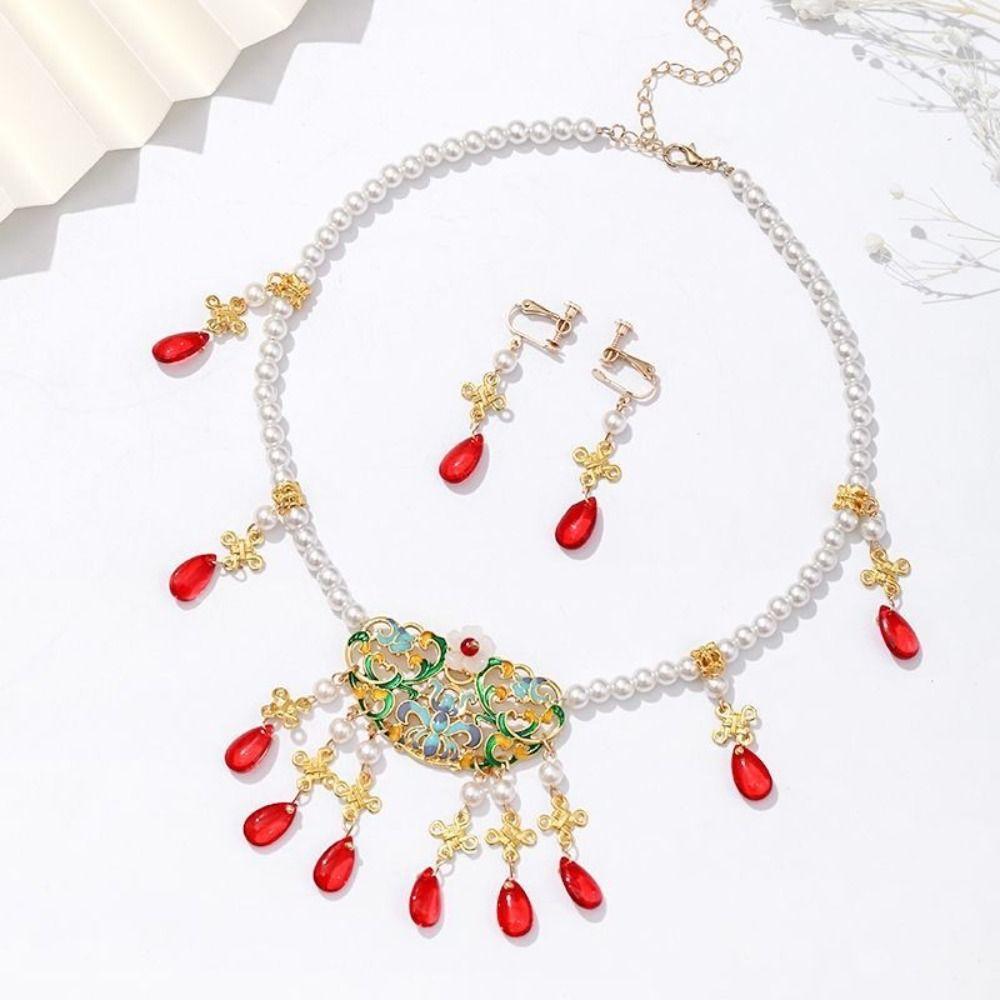 Ensemble de Bijoux Perle Strass Vintage Pendentif Tassel Sourcil Collier Boucles d'Oreilles Set Fête