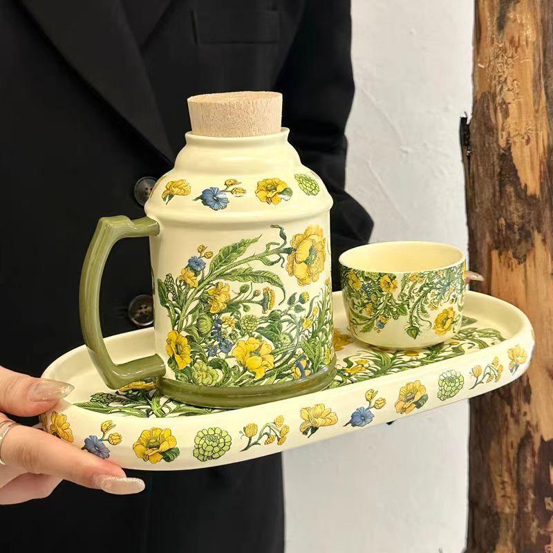 Retro Design Wind Chimes Flower Kettle Cup Set, Afternoon Tea Ceramic Cup, High-End Sense, Large-Capacity Teacup With Lid