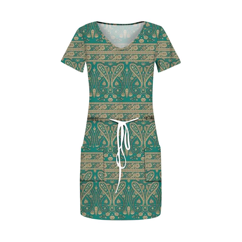 Dámské Módní Ležérní Šaty s V-výstřihem, Krátkým Rukávem, Stahovací Šňůrkou a Flitrovým Potiskem