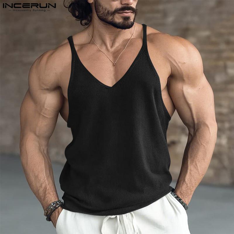 INCERUN Hauts à bretelles pour hommes Décontracté Col en V Sans manches Débardeurs Camisole unis