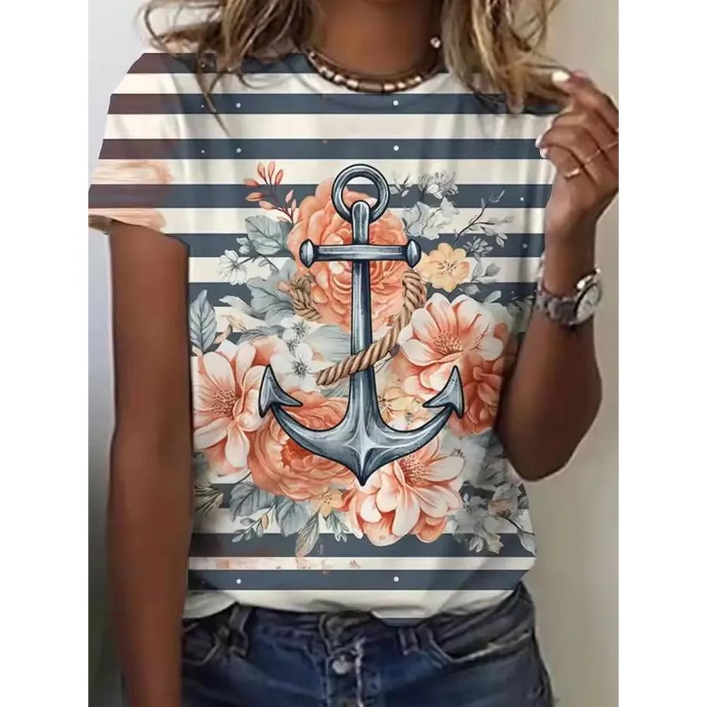 Bequemes gestreiftes bedrucktes Oberteil Mode Vielseitige Damen Kurzarm Freizeit locker T-Shirts Damen
