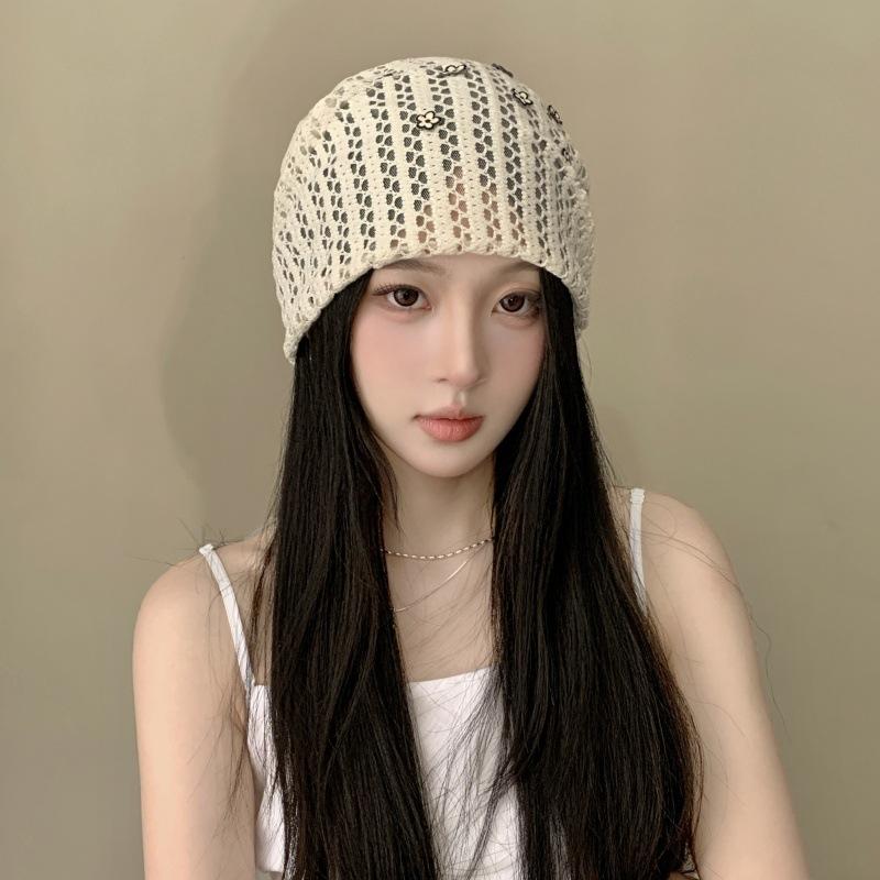 Women's Spring Summer 3D Lace Slouchy Hat Breathable Thin Hollowed-Out Head Covering Hat Street Versatile Niche Pull-On Hat