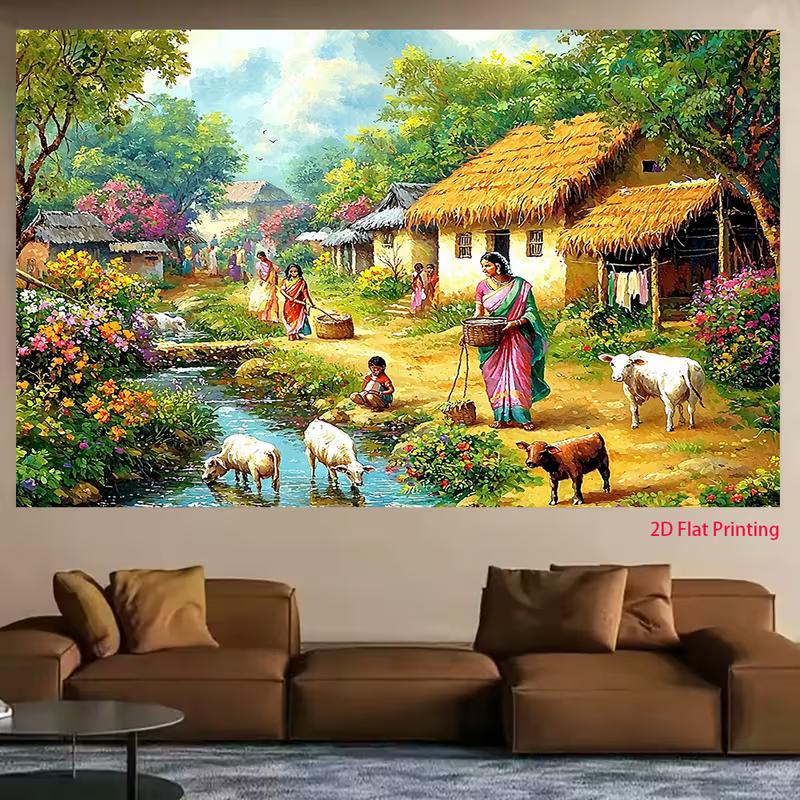 2D Indian Farm Life Backdrop, Traditional Village Scene Party Background