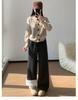 Women's Ash-Black Striped Wool Wide-Leg Pants with High Waist, Autumn/Winter Style, Plus Velvet, Loose Straight-Leg Design