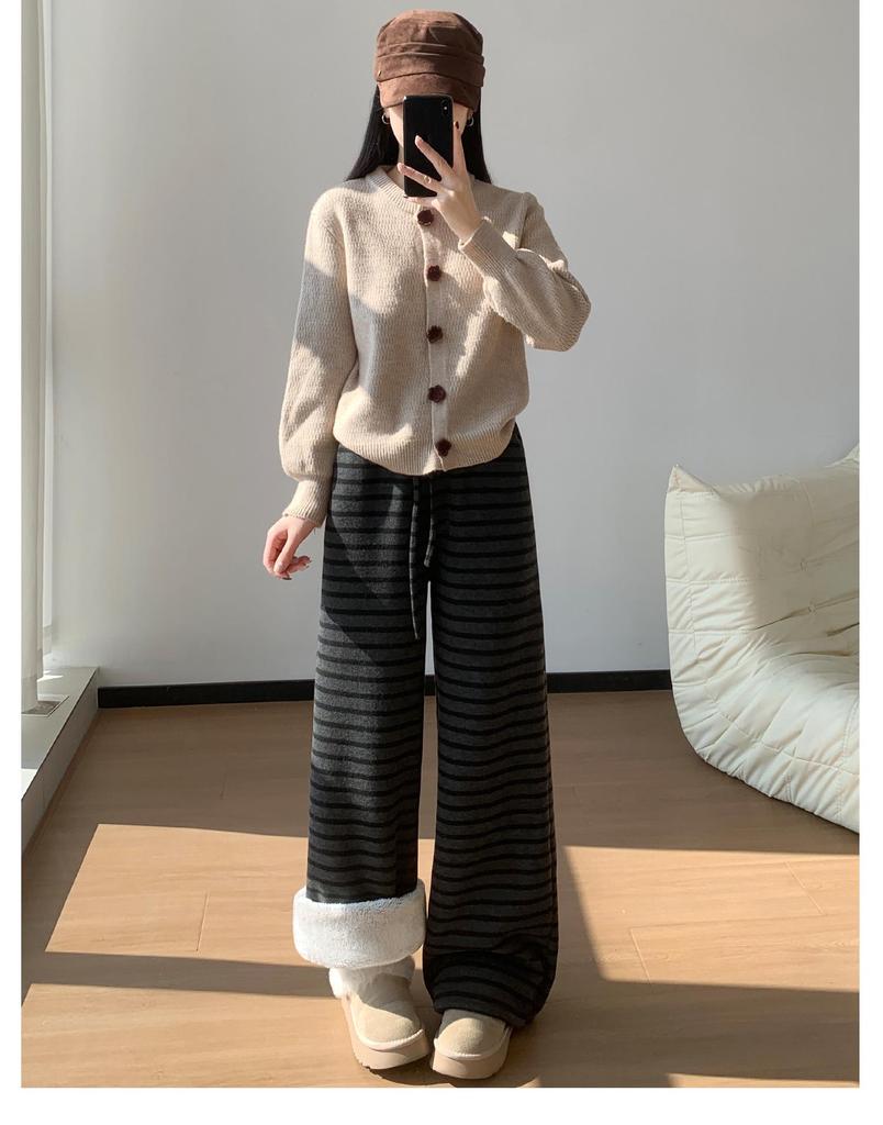 Women's Ash-Black Striped Wool Wide-Leg Pants with High Waist, Autumn/Winter Style, Plus Velvet, Loose Straight-Leg Design