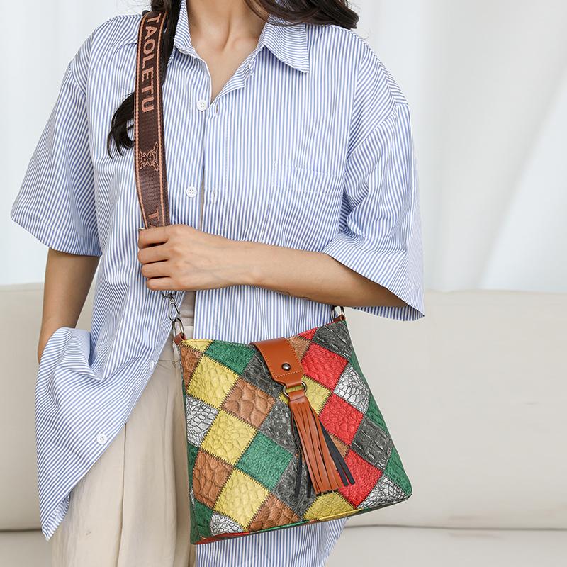 Women's Contrast Color Crossbody Bag Large Capacity Bucket Bag Mother Bag