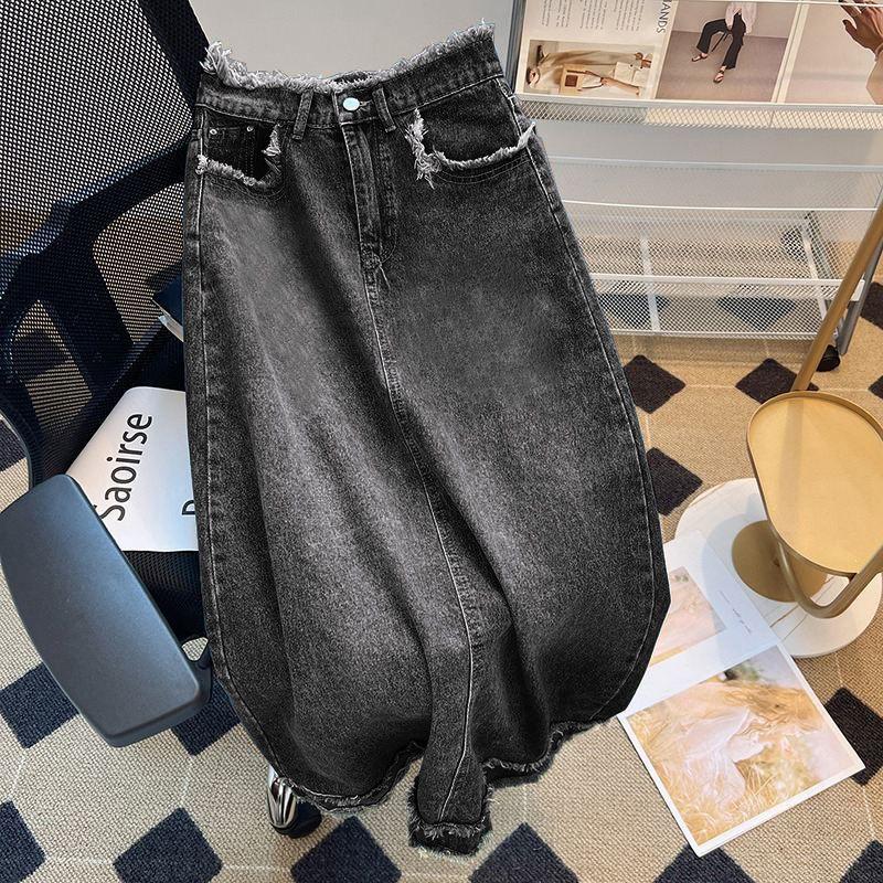 

Элегантная джинсовая юбка женская А-силуэт с необработанным краем, дизайн халтер, черная, серая, грушевидной формы, высокая талия, прямой, пакет, бедра, средняя длина, модная джинсовая юбка-бюстье XXL