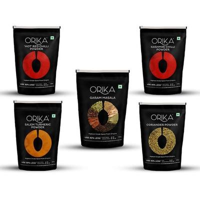 ORIKA Salem Kurkumapulver, Korianderpulver, Scharfes Rotes Chilipulver, Kaschmir-Chilipulver, Garam Masala (Packung mit 5, je 100 g)