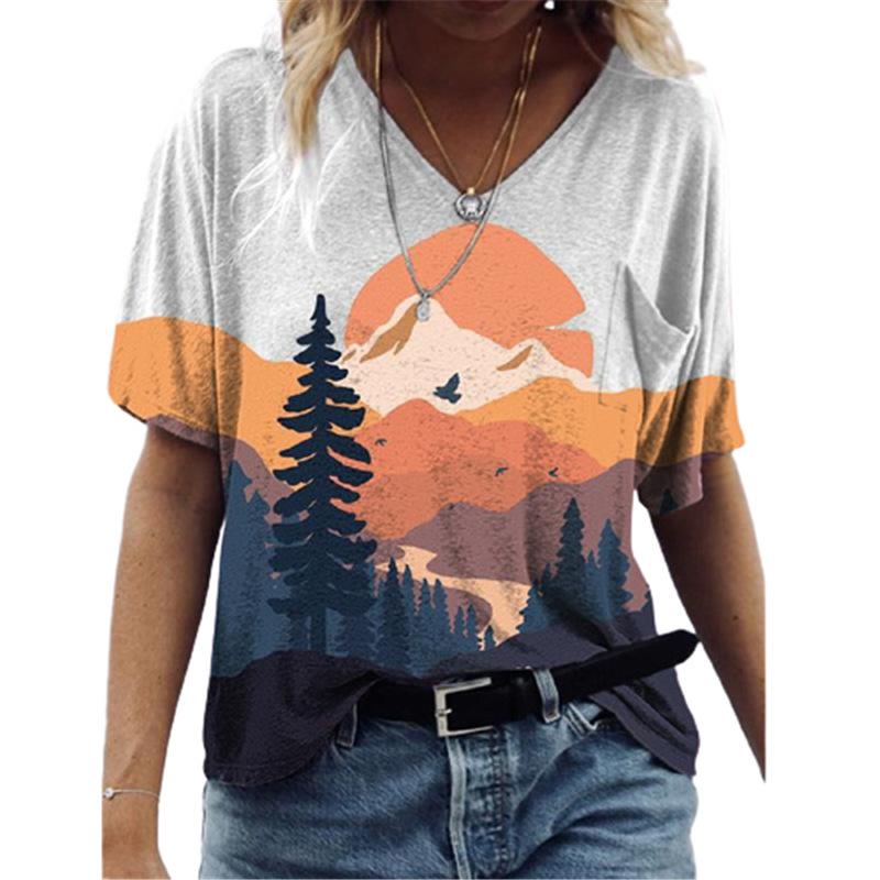 Loose V-neck Short Sleeved Summer Youth Women's 3D Printed T-shirt