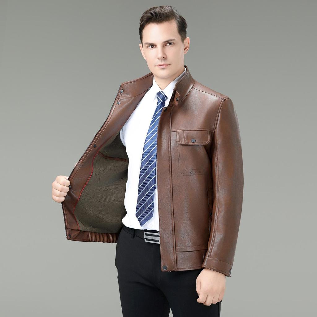 Brand Versatile Men's Stand Collar Leather Jacket, 2025 Spring/Autumn Collection - Cool Motorcycle Style for Mid-Aged and Young Men