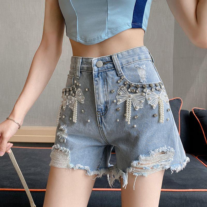 Rhinestone High-Waist Distressed Denim Shorts - Women s Summer Retro A-Line Wide-Leg Pants S (Waist 23-24 inches)