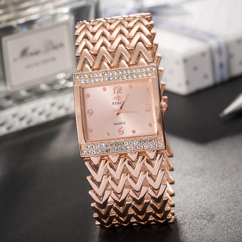 Women's 3D Texture Bracelet Watch with Wide Band & Double Row Czech Diamonds