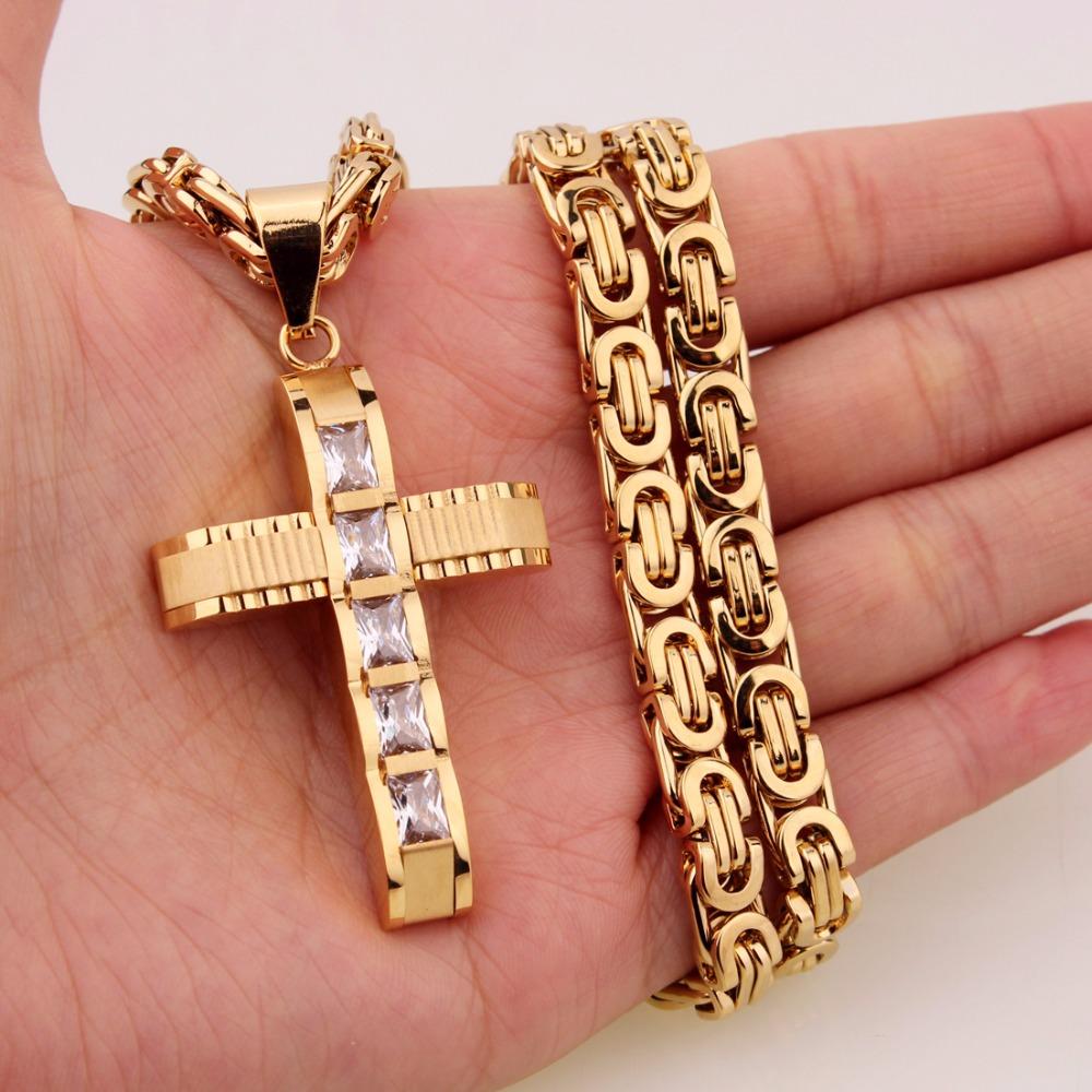 New Men Women Crystal Cross Pendant Gold Color 316L Stainless Steel 16-40" Byzantine Chain Necklace for Choose Popular Jewelry
