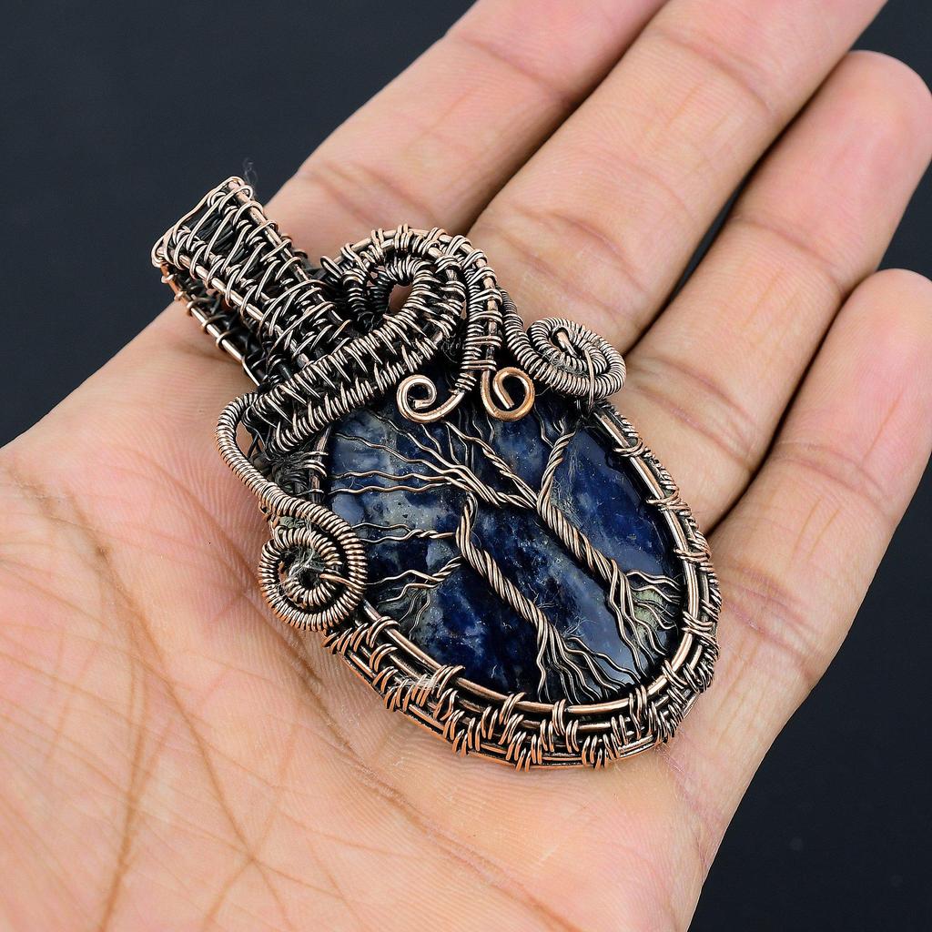 Double Tree of Life Sodalite Pendant, Gemstone 999 Copper Wire Wrapped Jewelry Pendant, Handmade Jewelry Birthstone Pendant, Gift For Him
