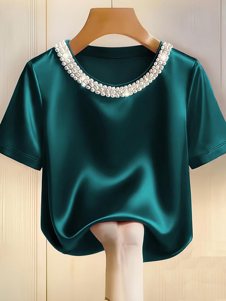 Spring 2026 Women's Beaded Round Neck Satin Chiffon Top