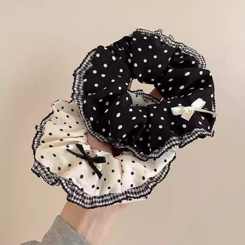 New Black White Polka Dot Hair Bundle Oversized Scrunchies Lace Butterfly Bow Hair Rope Ties Women Elegant Large Headbands