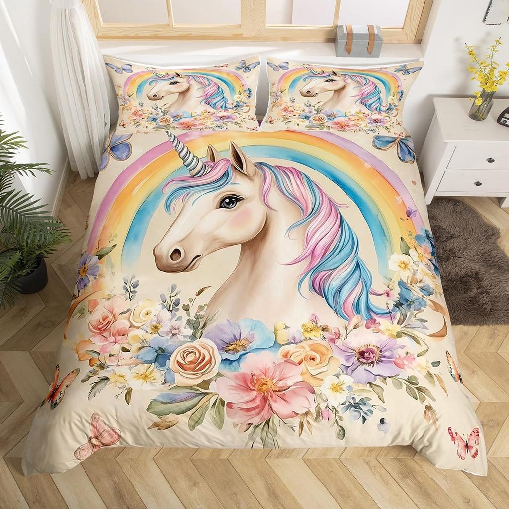 Children Kids Unicorn Soft Duvet Cover Single Quen King, Adorable Lovely Cat Carton Warm Comforter Cover featuring 2 Pilowcase Fish Scale Beding Set