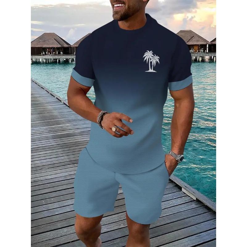 New Hawaiian Men's Beach T-shirt Shorts 2-piece Set Coconut Print Short Sleeve and Shorts Clothing Summer Holiday Men's Clothing