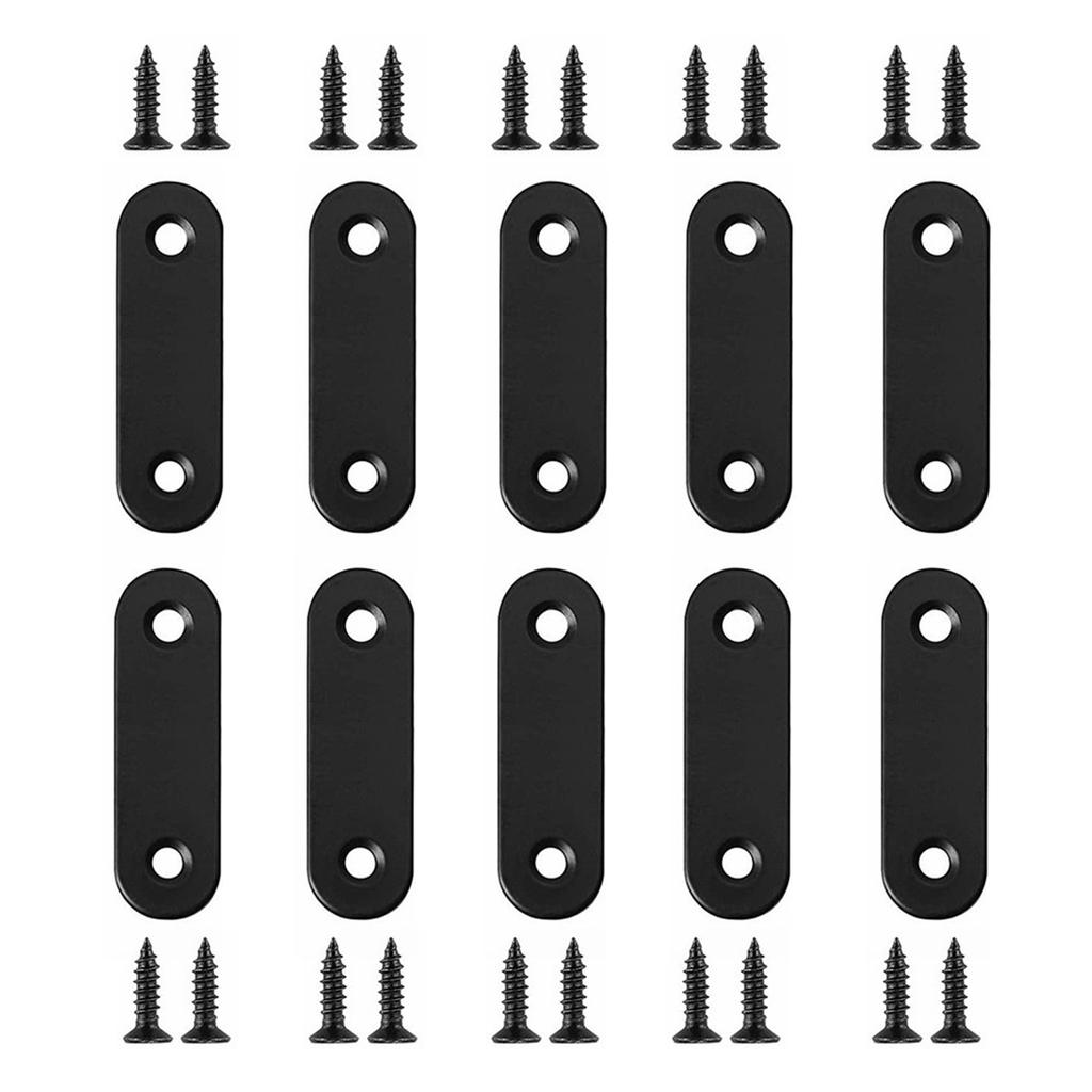 10pcs Black Metal Mending Brackets - Straight Corner Braces with 20pcs Flat Plate Straight Brackets and 40pcs Screws for Repair and Reinforcement