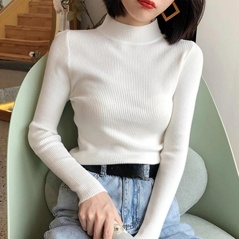 Suéteres de manga larga de otoño para mujer, suéteres de punto de cuello medio alto, prendas de punto casuales para mujer, tops de color sólido, ropa de invierno ajustada 27972