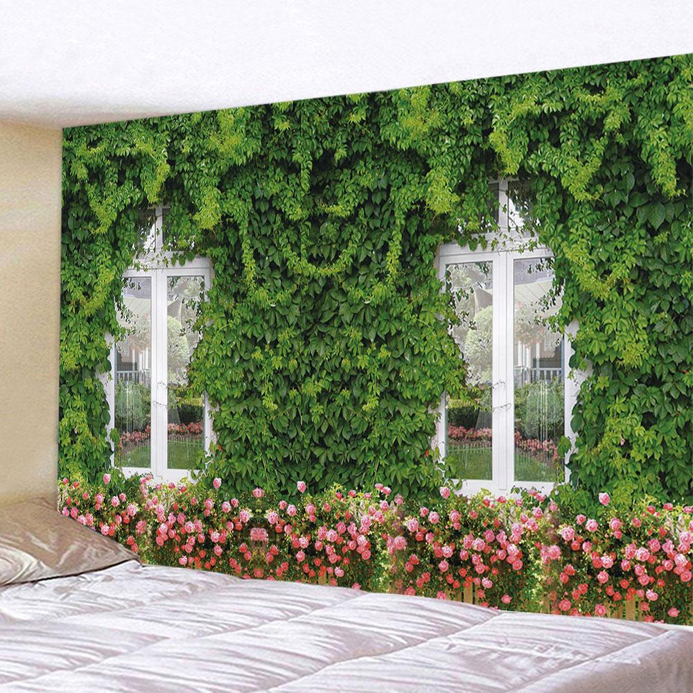 Spring Flowers Wood Fence Tapestry Nature Pink Rose Plant Flower Wall Hanging Garden Window Nature Scenery Tapestry