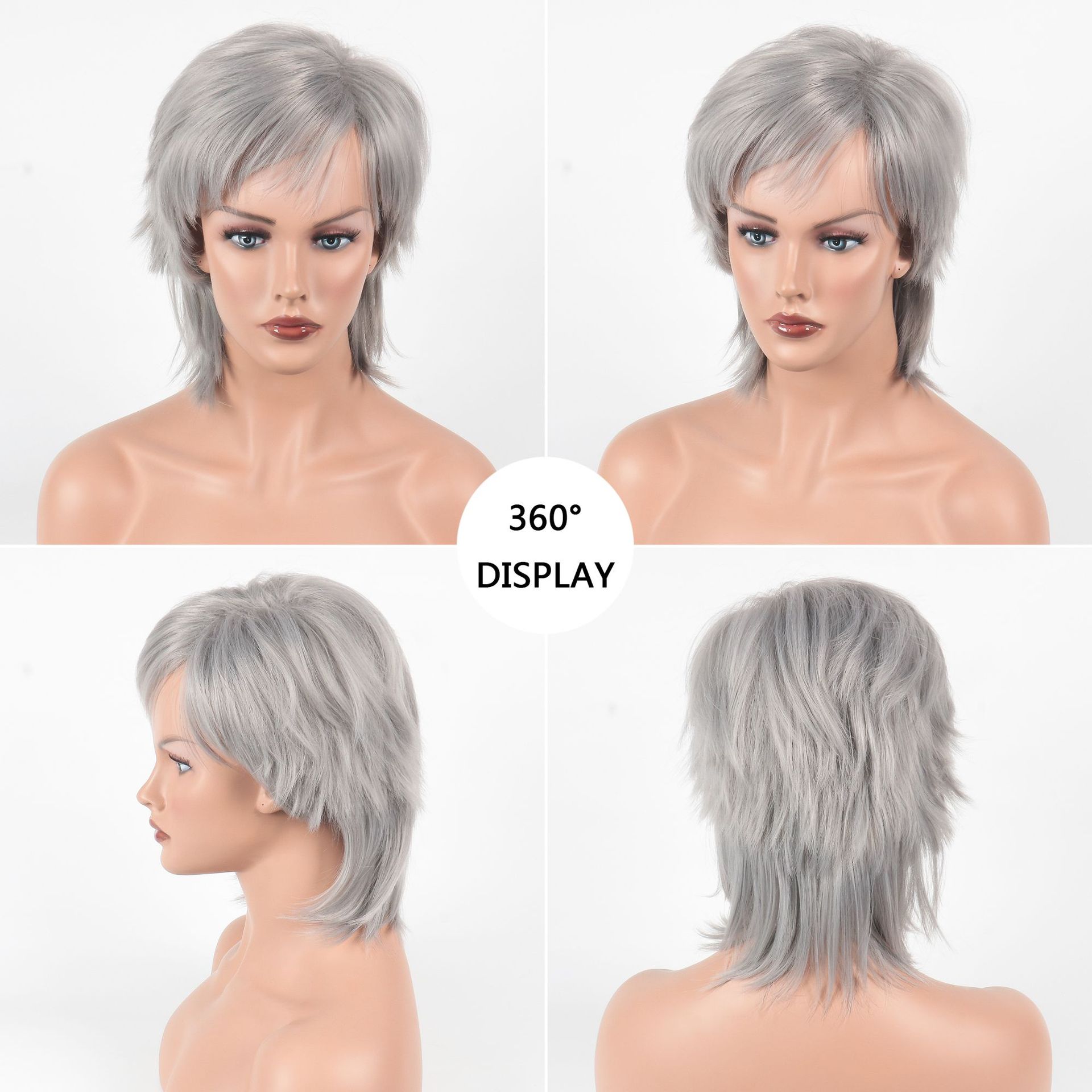 

Синтетические женские короткие парики Серебристо-серый парик с челкой для женщин Прямой парик Вечеринка Косплей Ежедневный парик Парики из термостойкого волокна серый