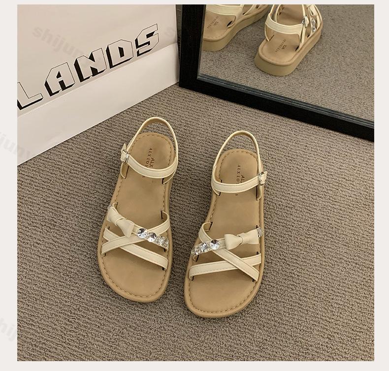 

Модные сандалии в римском стиле на толстой подошве для женщин 2025 Новые летние с открытым носком Модные удобные пляжные сандалии с дизайном из стразов 36 бежевый