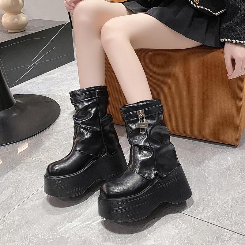 Fashion 10CM Women Chunky Ankle Boots Winter Height Increasing Warm Fur Snow Boots Lace Up Belt Buckle Sneakers Leather Motorcycle Boots