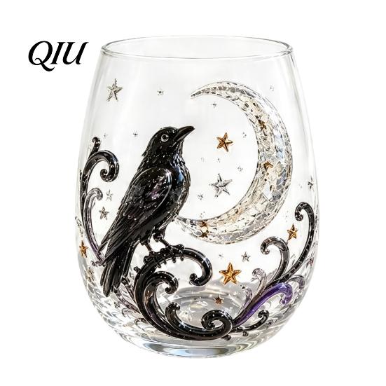 Totenkopf Design Dekorative Tasse Halloween Handwerkskunst Glaswaren, Fledermaus/Zaubererhut/Vogelscheuche/Krähe Handbemalter Kelch, 420ml Bleifreies Transparentes Glas