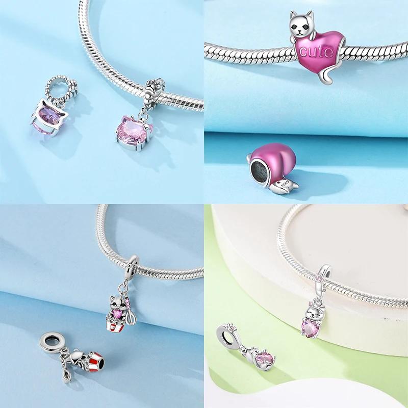 Anniversary Charms Copper Pink Cat Love Heart Beads Fit Original Bracelets Beads Charms Jewelry Making Fine Jewelry Gift