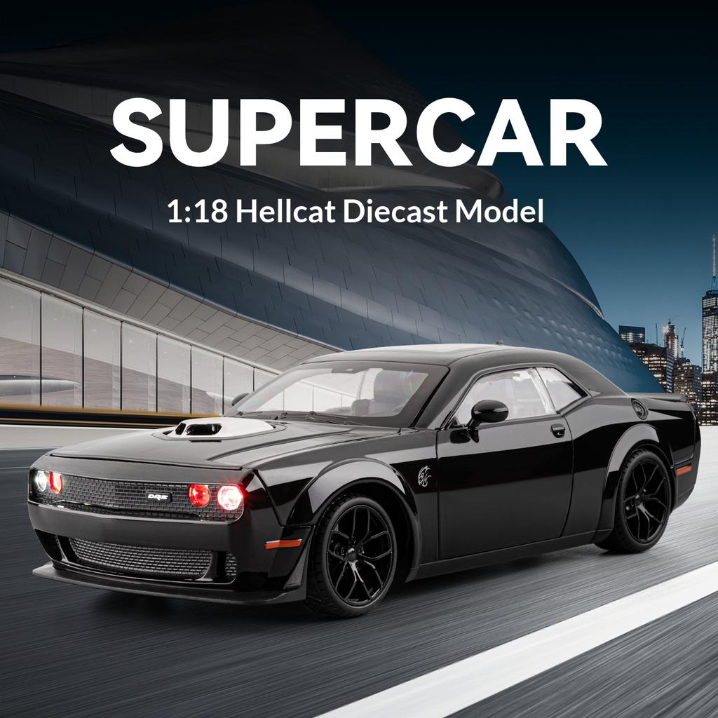 Modellino di Auto Dodge Hellcat in Metallo pressofuso Scala 1/18 con Suono di Avviamento Simulato, Decorazione da Collezione, Regalo di Compleanno per Ragazzi