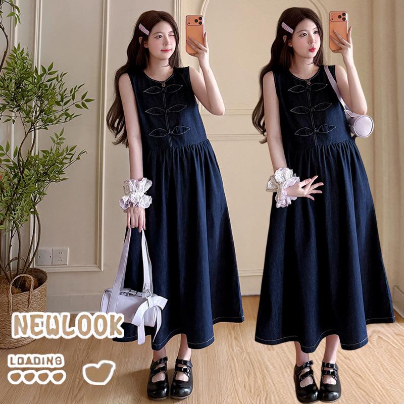 2026 Spring Chinese-Style Frog Button Maternity Denim Skirt & Ruffled Collar Shirt Set M