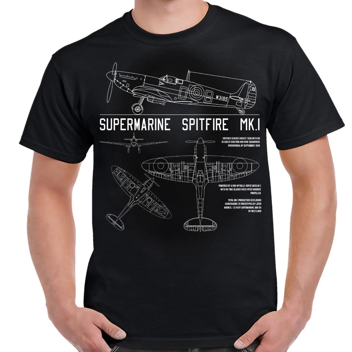 Spitfire Mk.1 Schematic Black Adult T-Shirt S