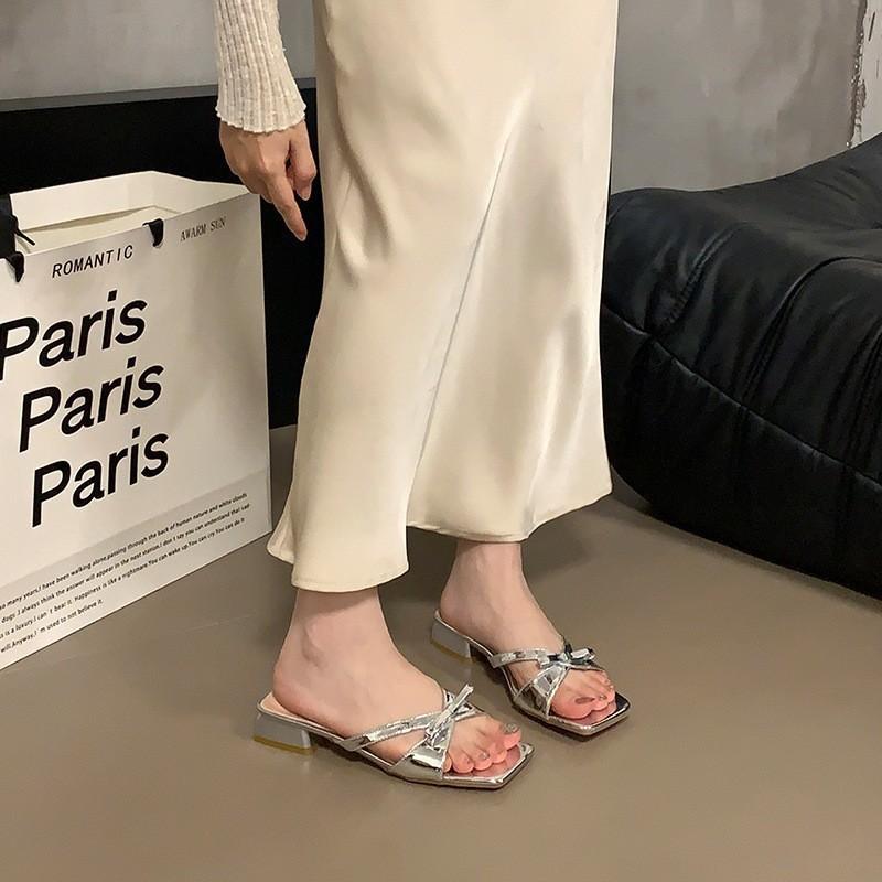 Satin bow sandals summer new silver with skirt thick heel sandals