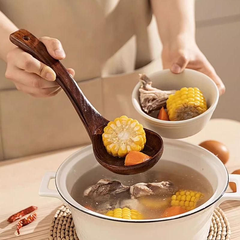 Teak Wooden Ladle Spoon Kitchen Serving Spoon With Back Hooks Non-stick Wooden Soup Ladle For Cooking Serving And Stirring